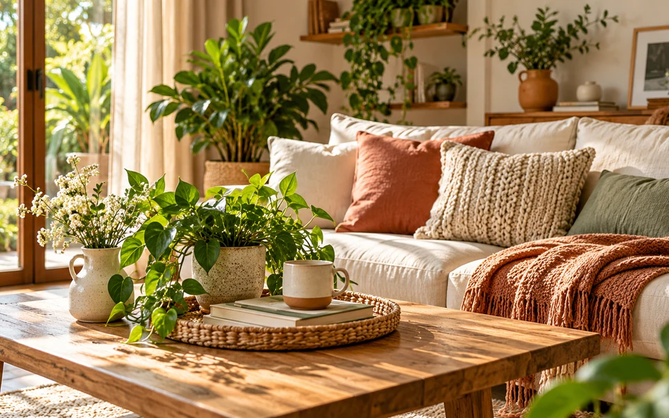 Ambiente doméstico acolhedor com plantas e luz natural