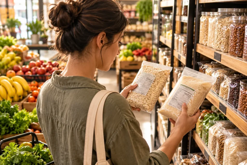 Pessoa compara informações de ingredientes em produtos alimentícios.