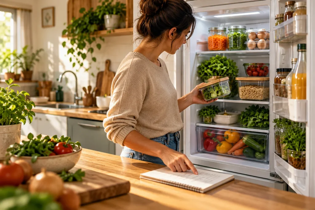 Pessoa confere hortaliças e organiza ideias para evitar desperdícios.
