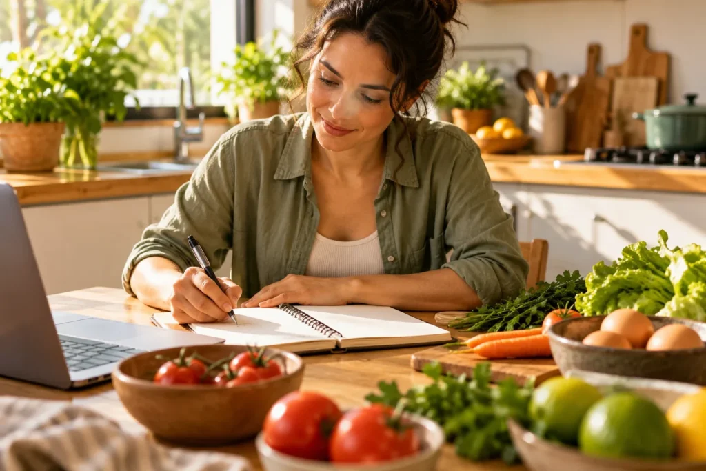 Pessoa registra ideias de refeições para a semana em um caderno na mesa da cozinha.