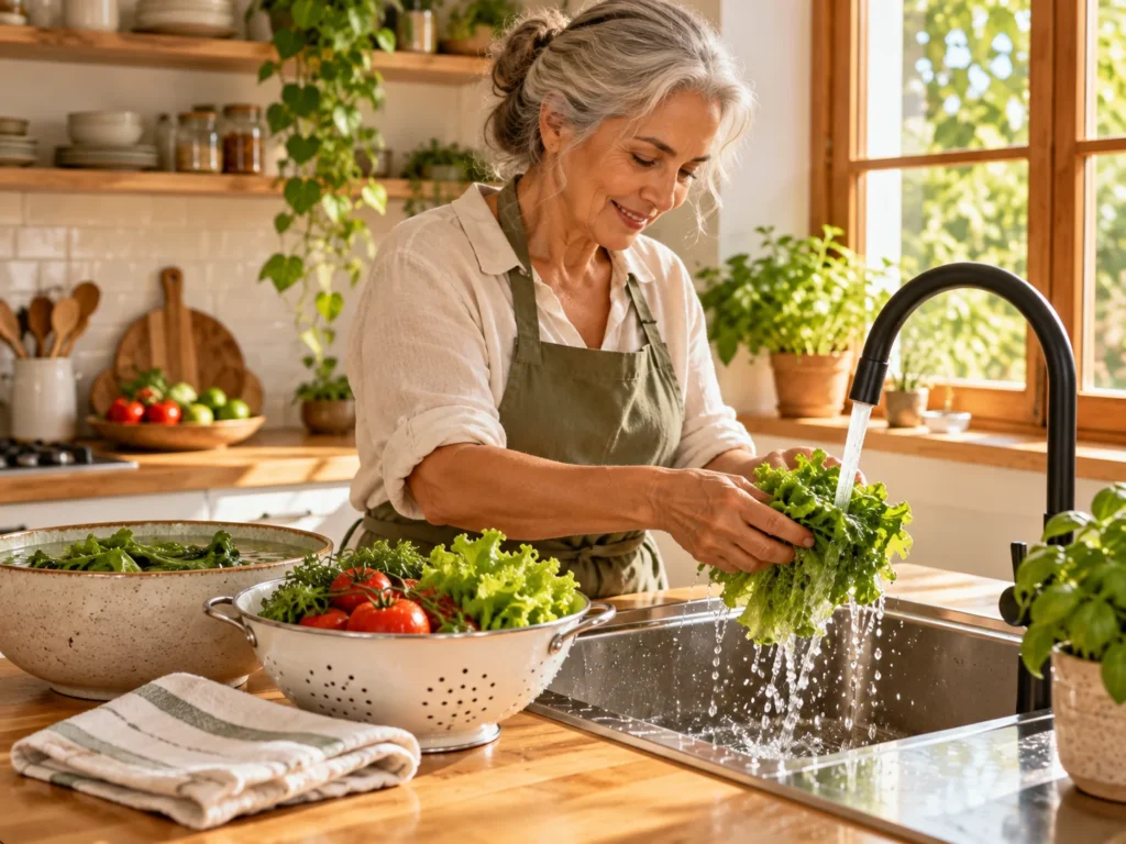 Pessoa seleciona e lava folhas em pia limpa antes de preparar uma salada.