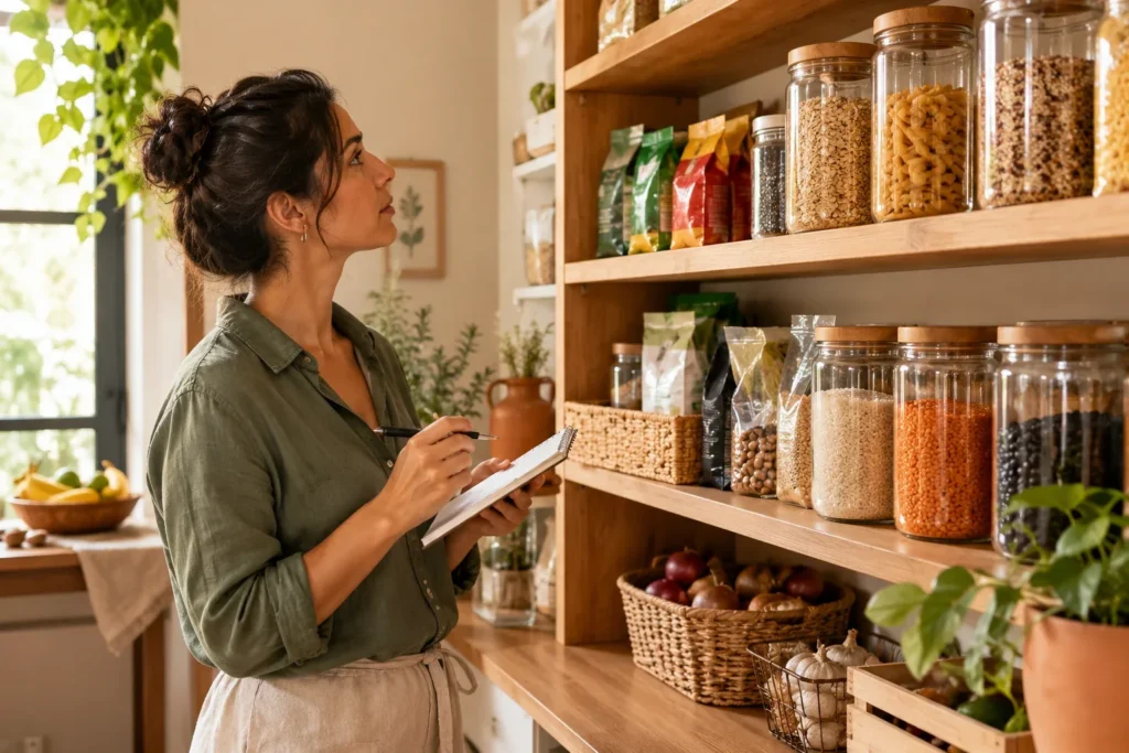 Pessoa confere os alimentos disponíveis na despensa antes das compras.
