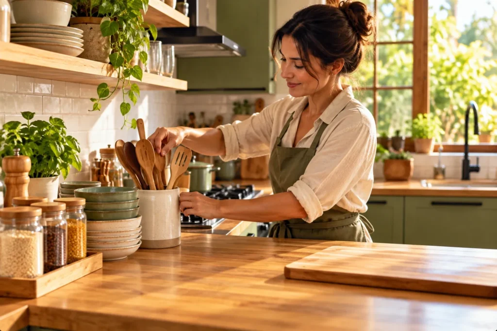 Pessoa organiza utensílios e libera a bancada para facilitar o preparo de alimentos.